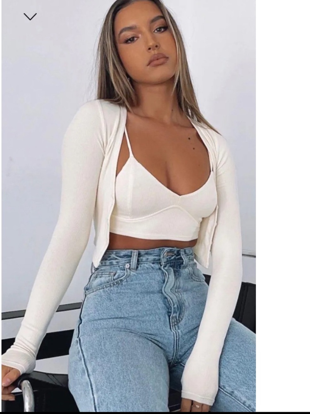 White Fox Cropped Cardigan Ribbed Cream XS